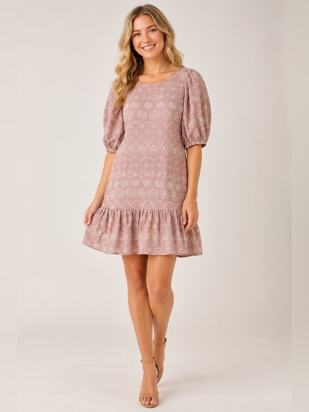 Blu Pepper Blush Pink Embroidered Puff Sleeve Dress Size Medium NWT